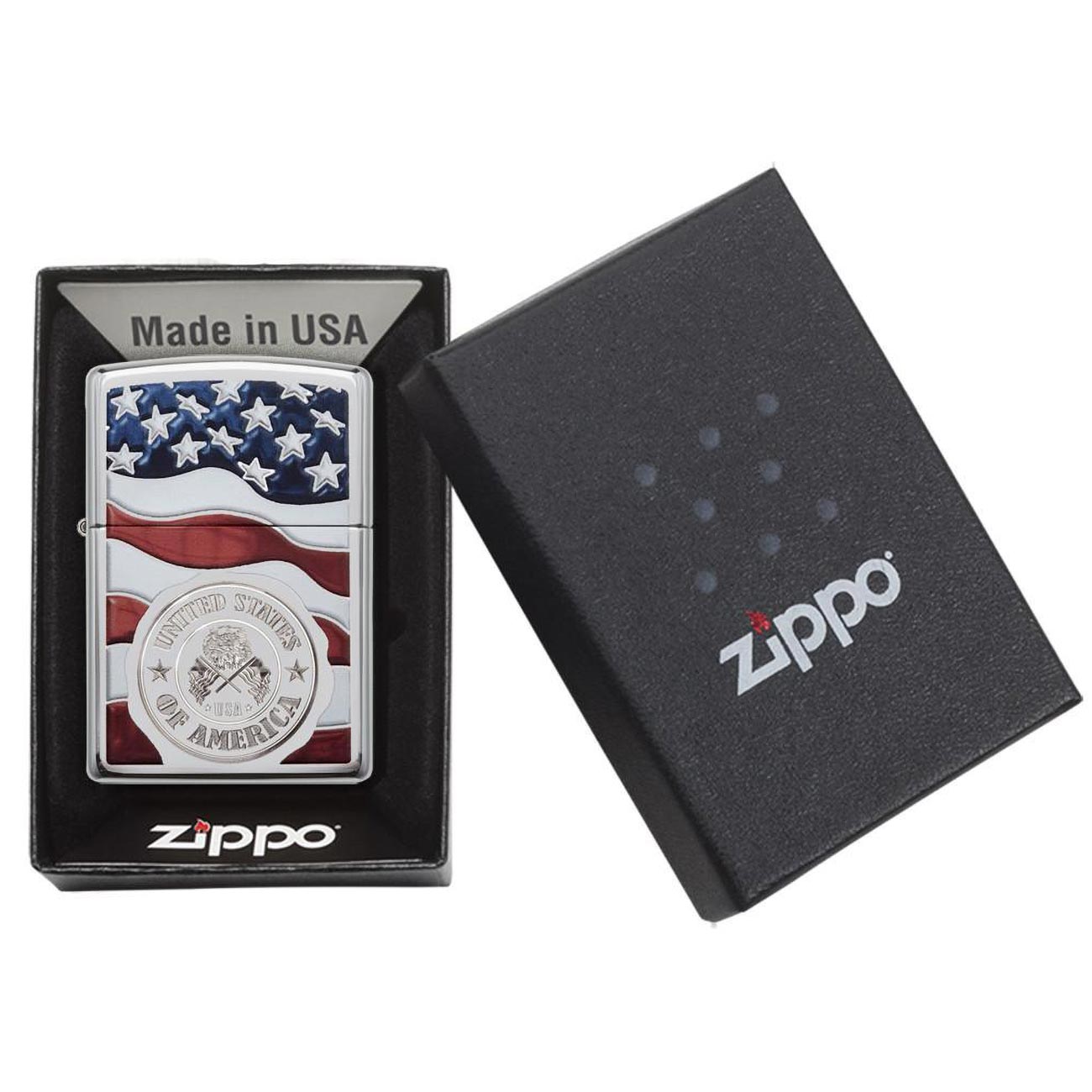 Zippo 29395 Windproof Lighter American Stamp on Flag, High Polish Chrome Finish