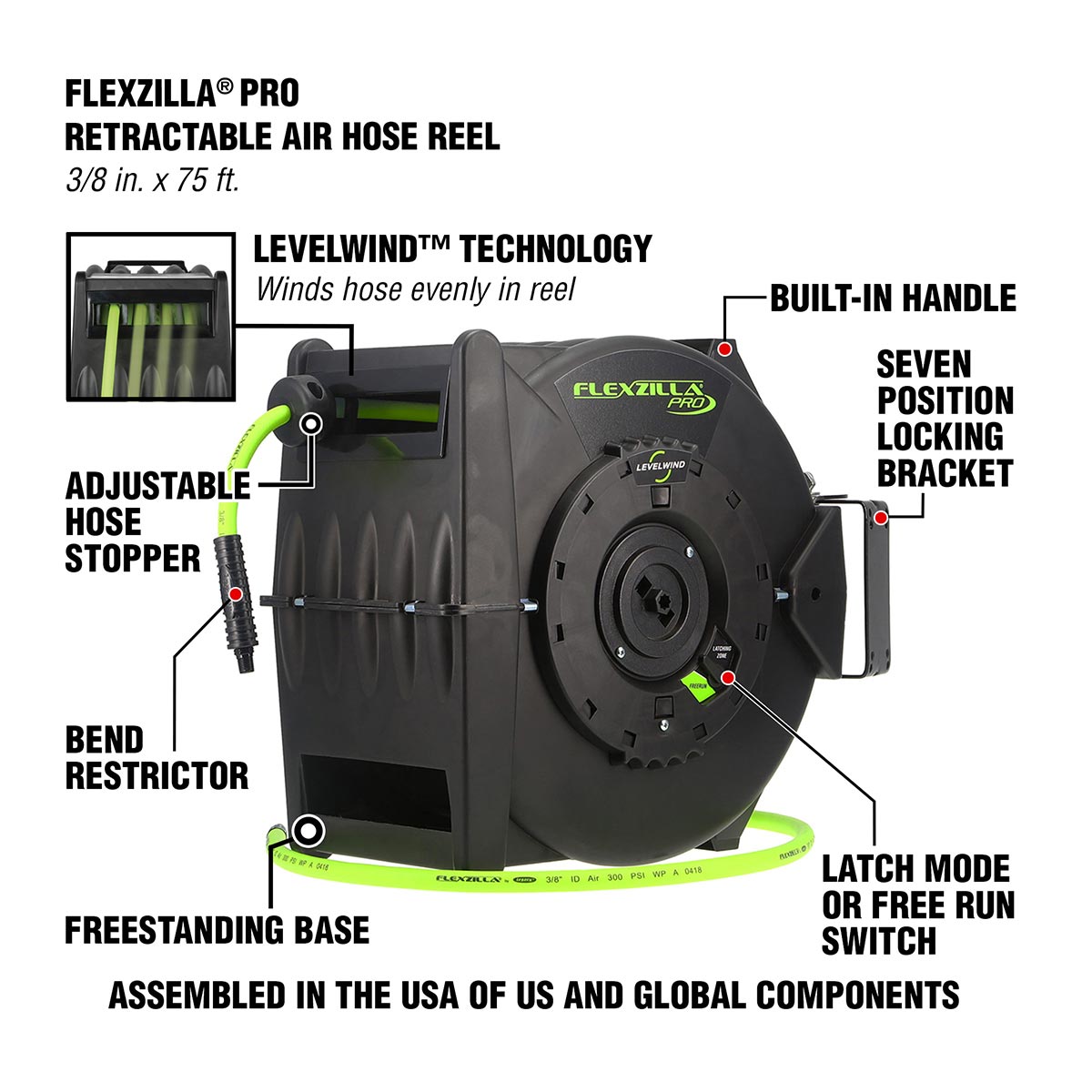 Flexzilla L8306FZ Retractable Air Hose Reel with Levelwind Technology 3/8" x 75'