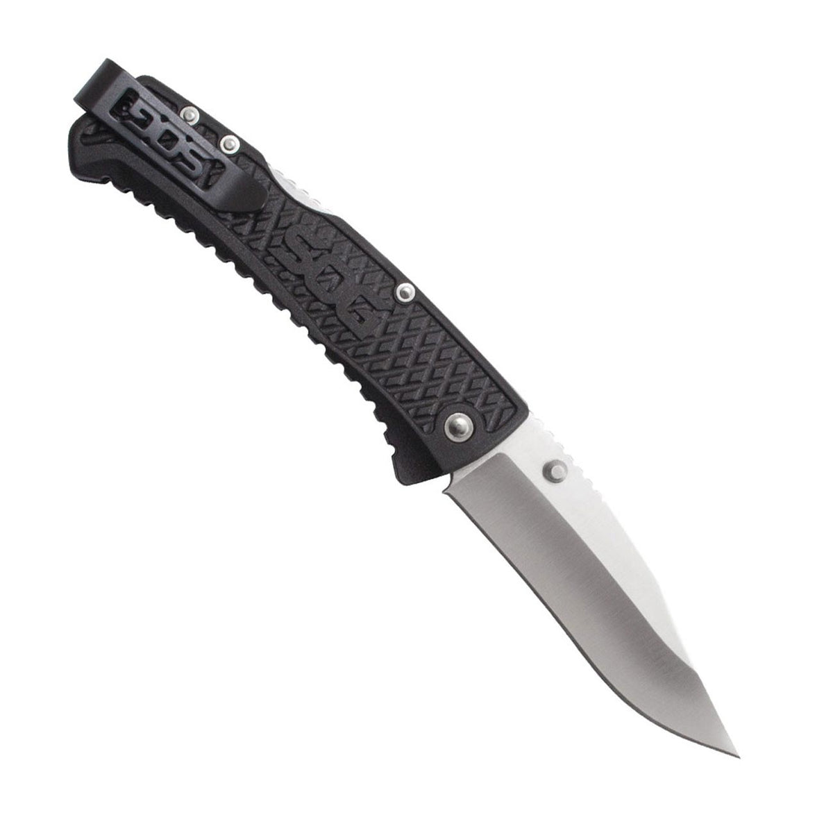 SOG Folding Knife 3.5" Clip Point Plain Blade Black GRN Handles TD1011CP