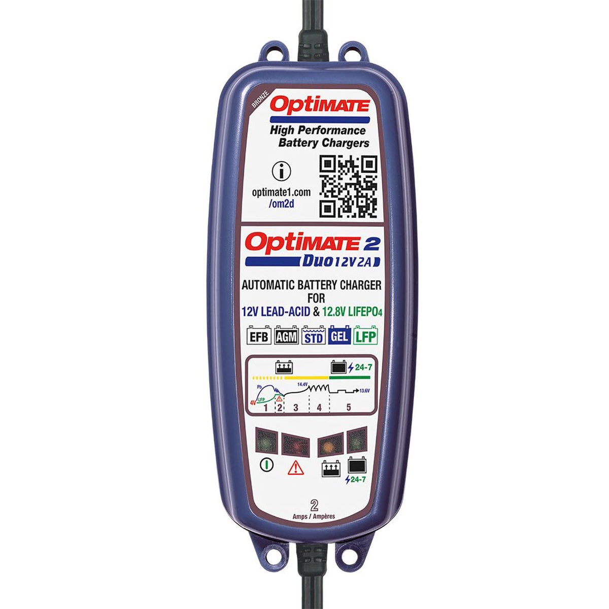 Tecmate Optimate 2 Duo, TM-551, Bronze Series: 5-Step 12V / 12.8V 2A Sealed Battery Charger & maintainer, Blue