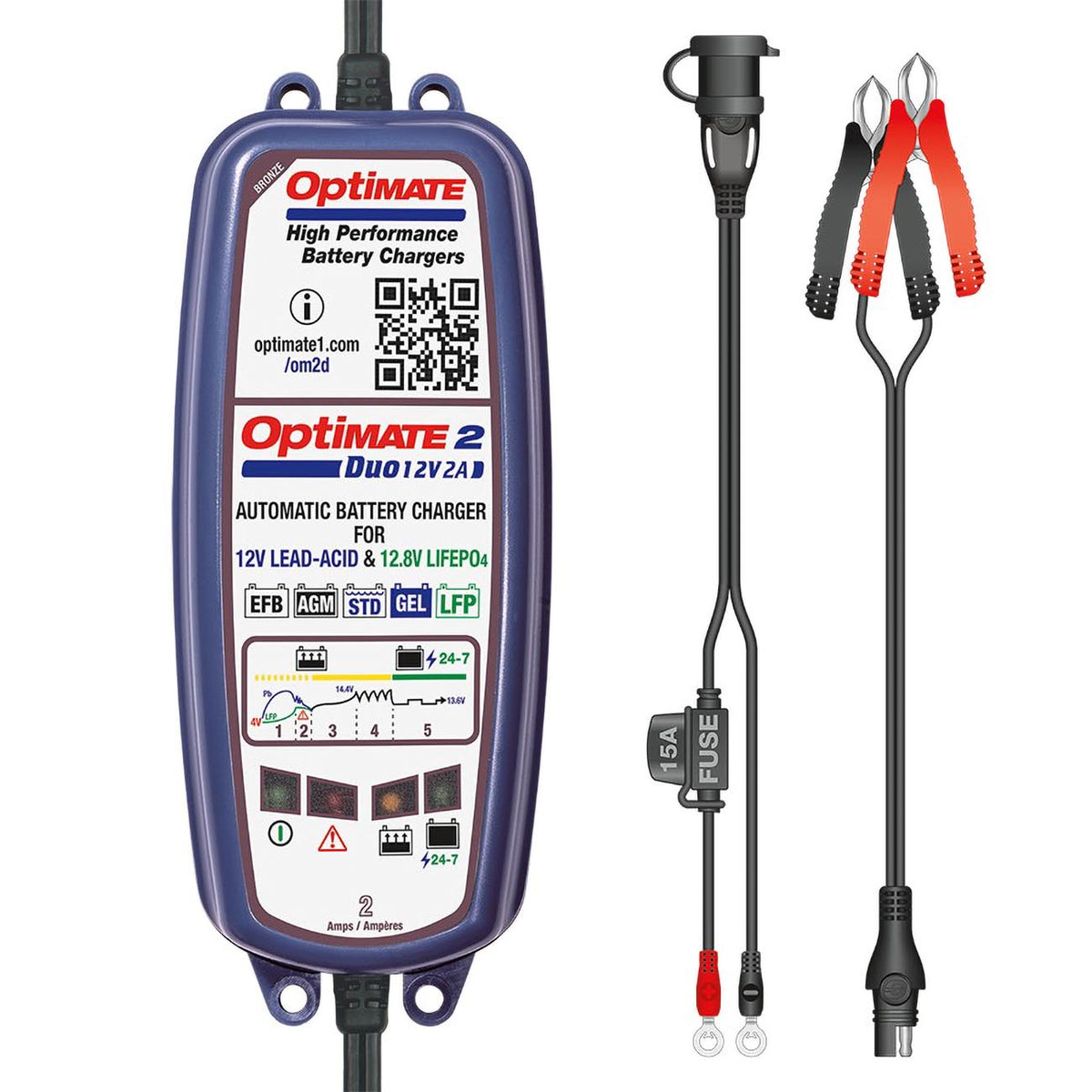 Tecmate Optimate 2 Duo, TM-551, Bronze Series: 5-Step 12V / 12.8V 2A Sealed Battery Charger & maintainer, Blue