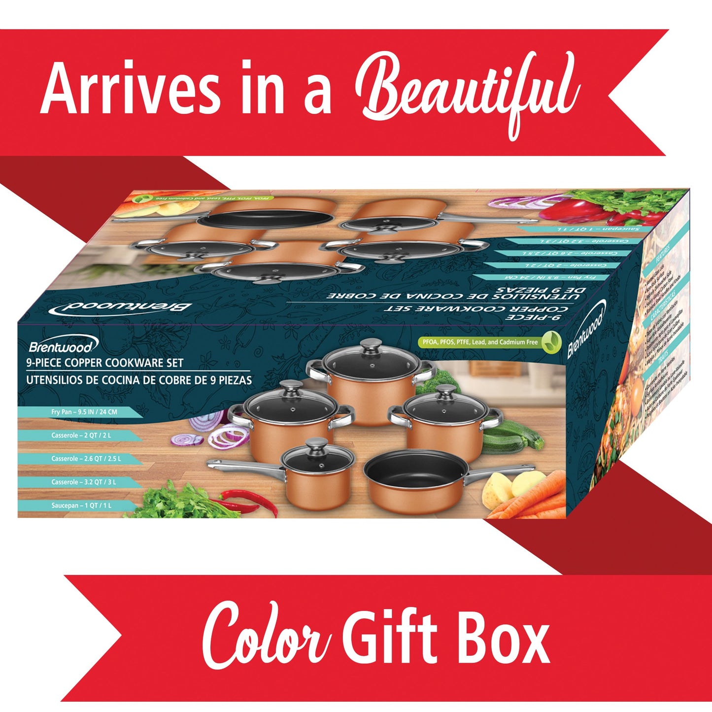 Brentwood Appliances BPS-309C 9pc Nonstick Copper-Clad Cookware Set w/Glass Lids