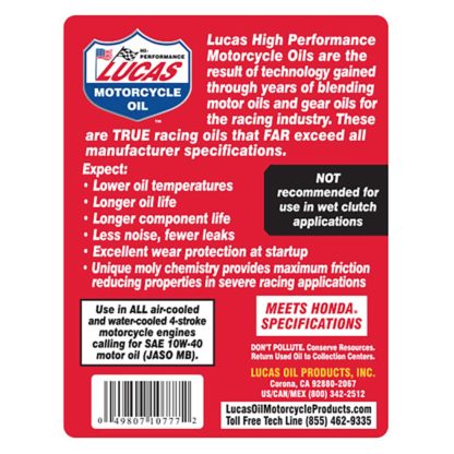Lucas 10777 Oil Synthetic SAE 10W-40 Moly Motorcycle - 1 Quart
