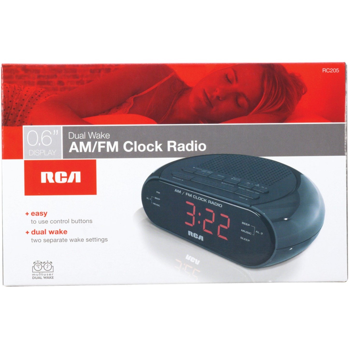RCA RC205A Alarm Clock Radio W/Red LED (Black)