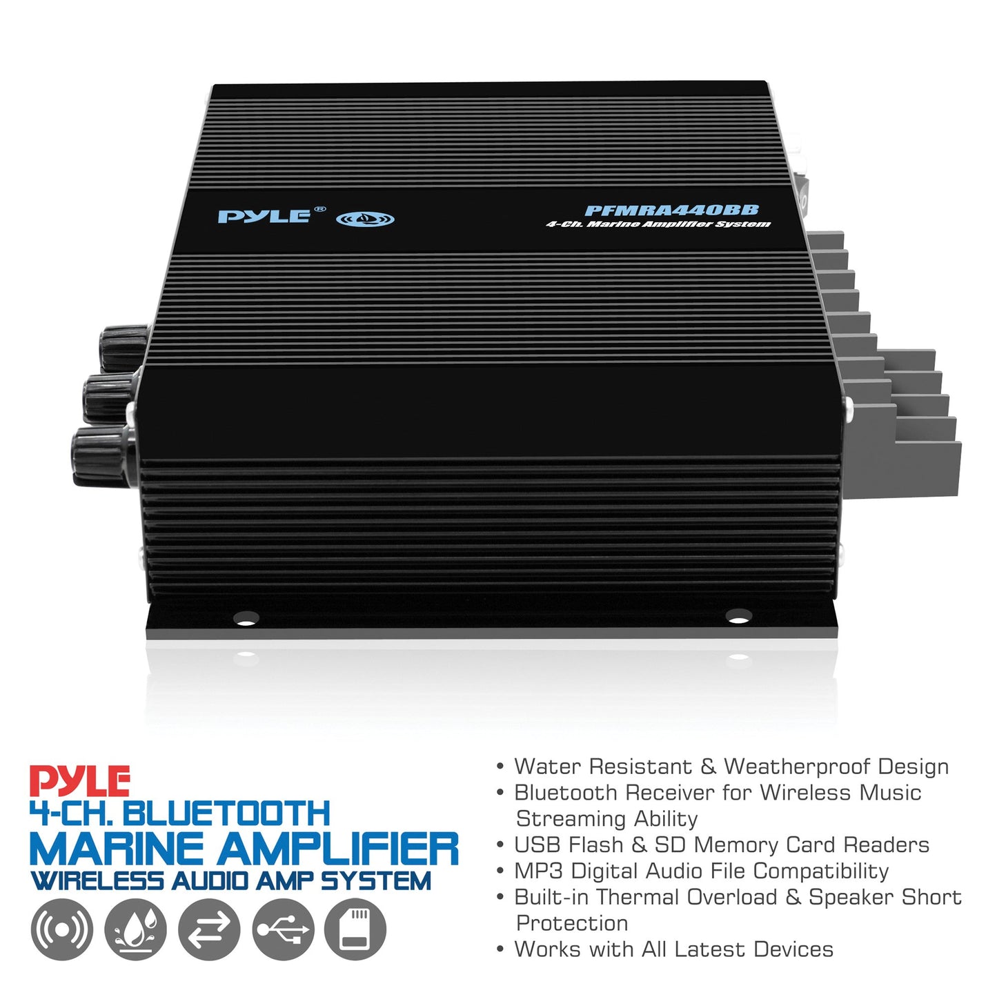 PYLE PFMRA440BB 400W 4Ch Marine Class D Amplifier w/BT & Remote Gain Control