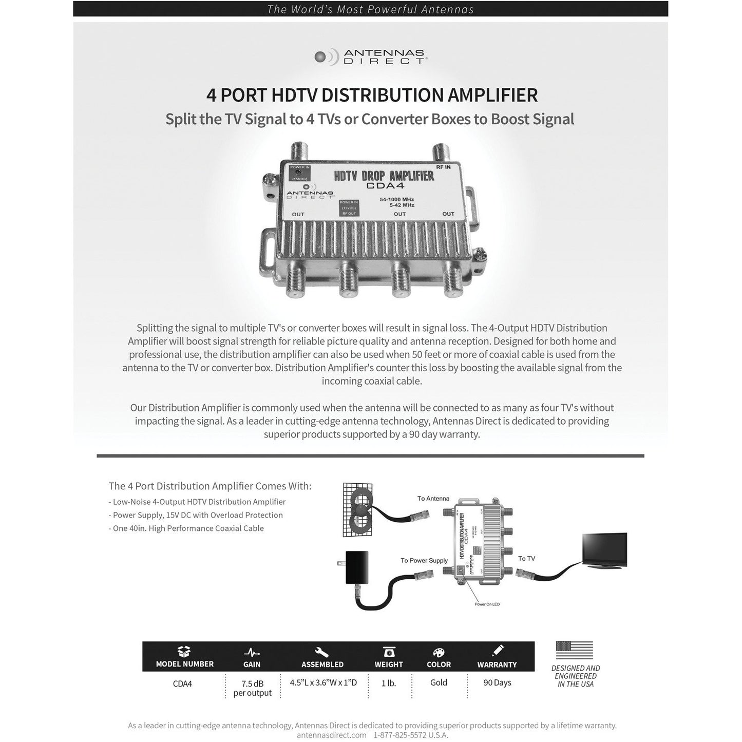 Antennas Direct CDA4 TV/CATV Distribution Amp (4 Way Output)