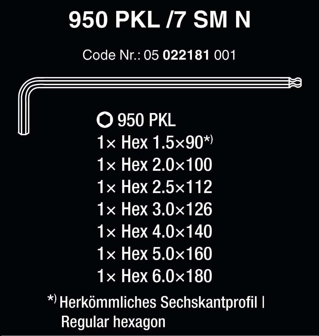 Wera 05022181001 Hex-Plus Chrome Stainless Long Shaft Metric Allen Wrench (7pc)