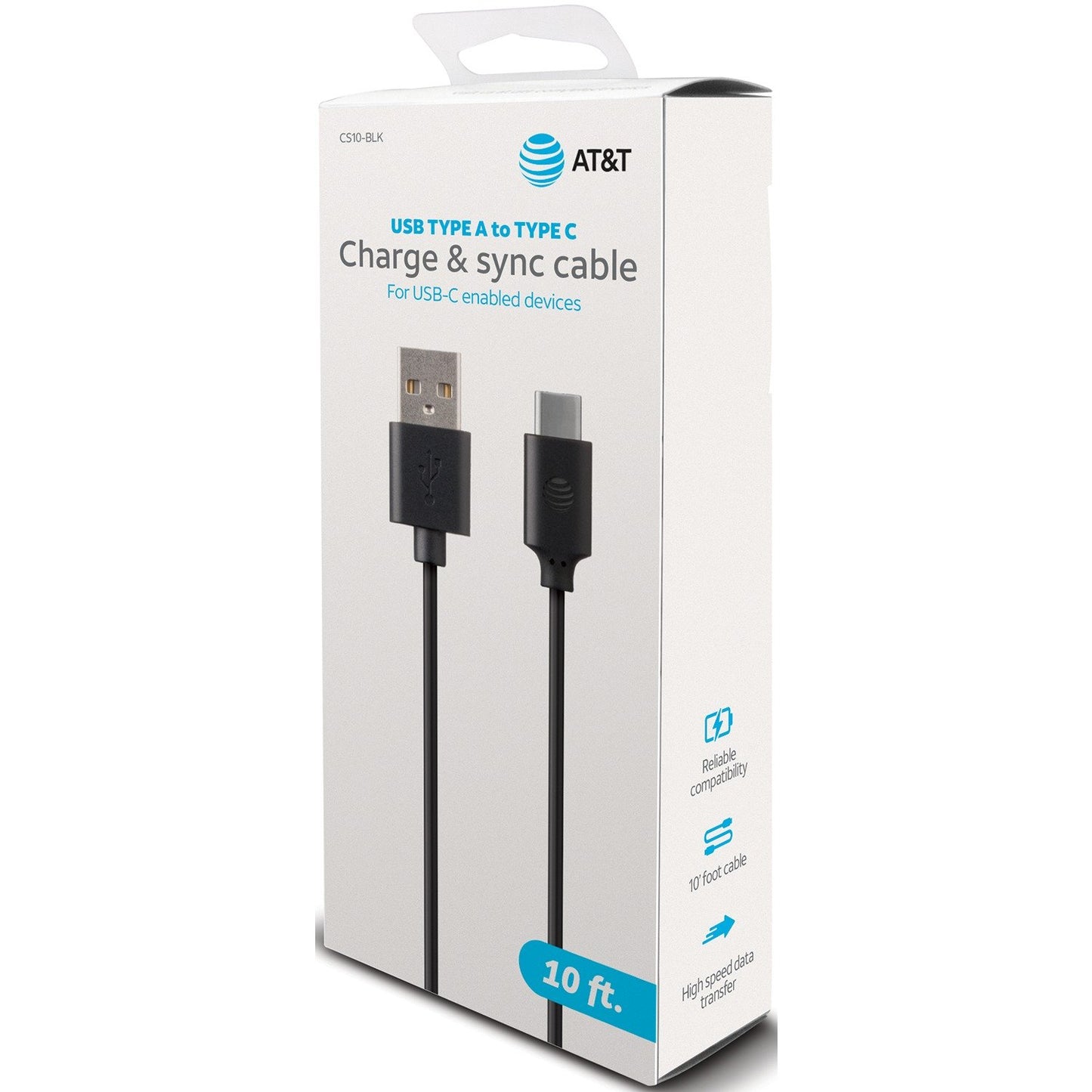 AT&T CS10-BLK Charge & Sync USB to USB-C Cable (10ft)