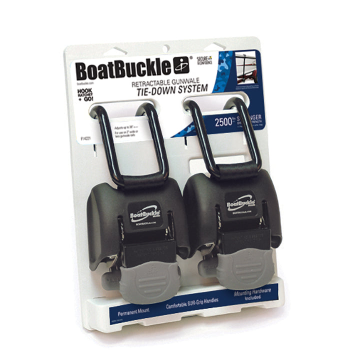 BoatBuckle F14221 G2 Retractable Gunwale Tie-Down – 2500 Lbs Capacity, Vinyl-Coated Double J-Hook, Adjustable 14-38"
