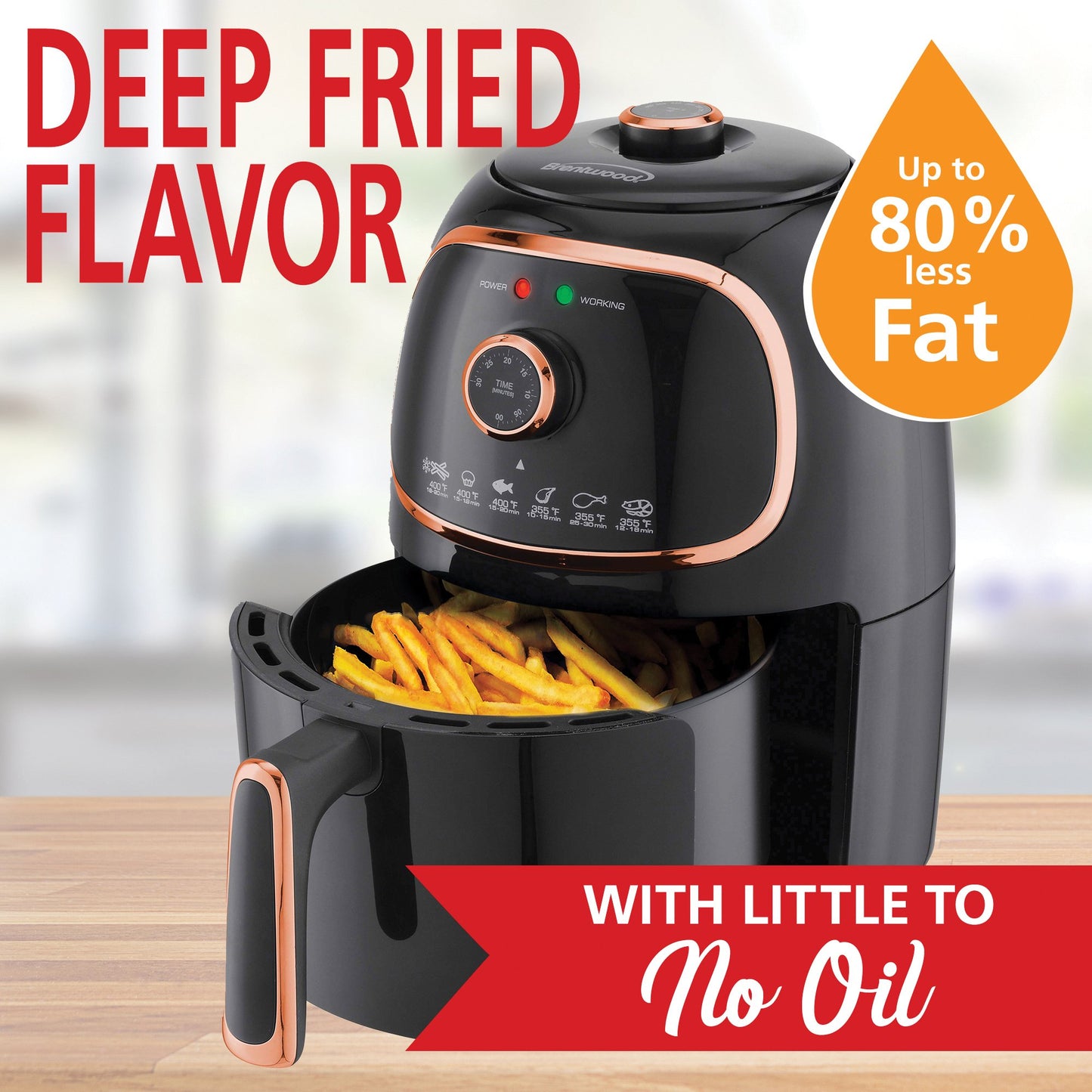 Brentwood App. AF-202BKC 2qt 1200W Air Fryer Timer & Temp. Control Black/Copper