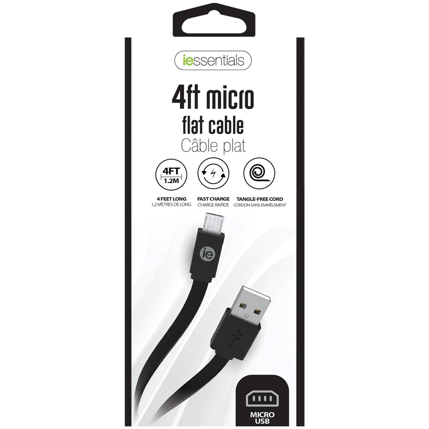 iEssentials IENFC4MBK Charge & Sync Flat Micro USB to USB-A Cable 4ft (Black)