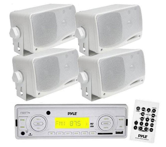 In-Dash Marine Stereo USB/SD MP3 & 4 x 3.5'' Weather Proof Mini Box Speakers