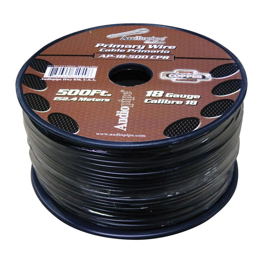 Audiopipe 18 Gauge 100% Copper Series Primary Wire - 500 Foot Roll - BLACK  Jacket