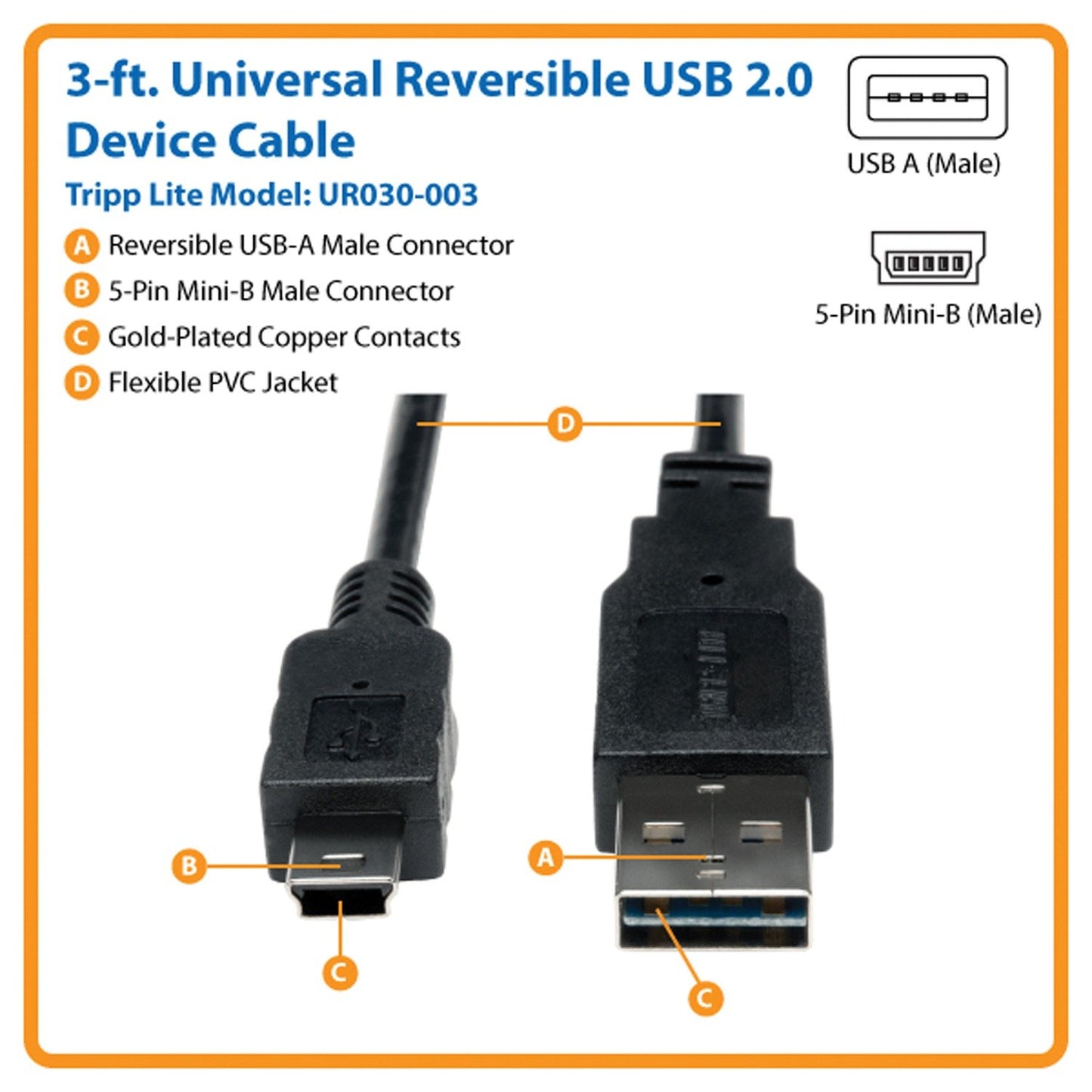 TRIPP LITE UR030-003 Reversable USB A-Mini B 3Ft