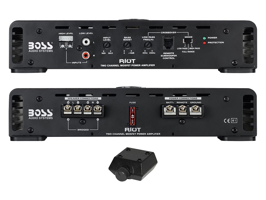BOSS AUDIO R4002 Riot 800-Watt Full Range, Class A/B 2 to 8 Ohm Stable 2 Channel Amplifier with Remote Subwoofer Level Control