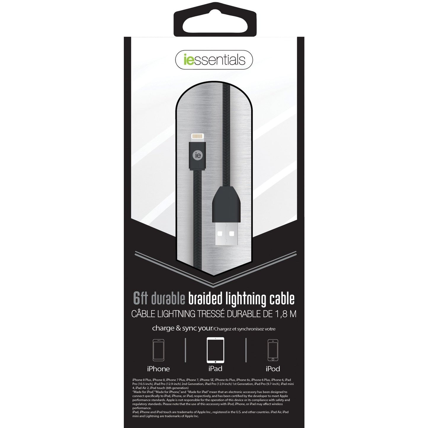 Iessentials IENBC6LBK Charge & Sync Braided Lightning® to USB Cable, 6ft (Black)