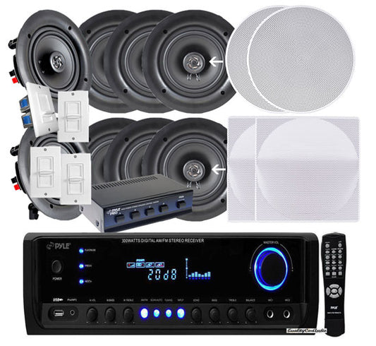 4 Pairs 150W 5.25" In-Wall / In-Ceiling White Speakers w/ Receiver w/ Vol Ctrl