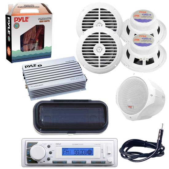 Marine Receiver 6.5" White Wake Board Speakers 6.5" White Speakers 2Ch Amp 36WT