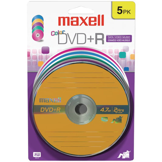Maxell 639031 DVD+R 16x 4.7-GB/2-Hour Single-Sided Discs, 5 Pack, Assorted