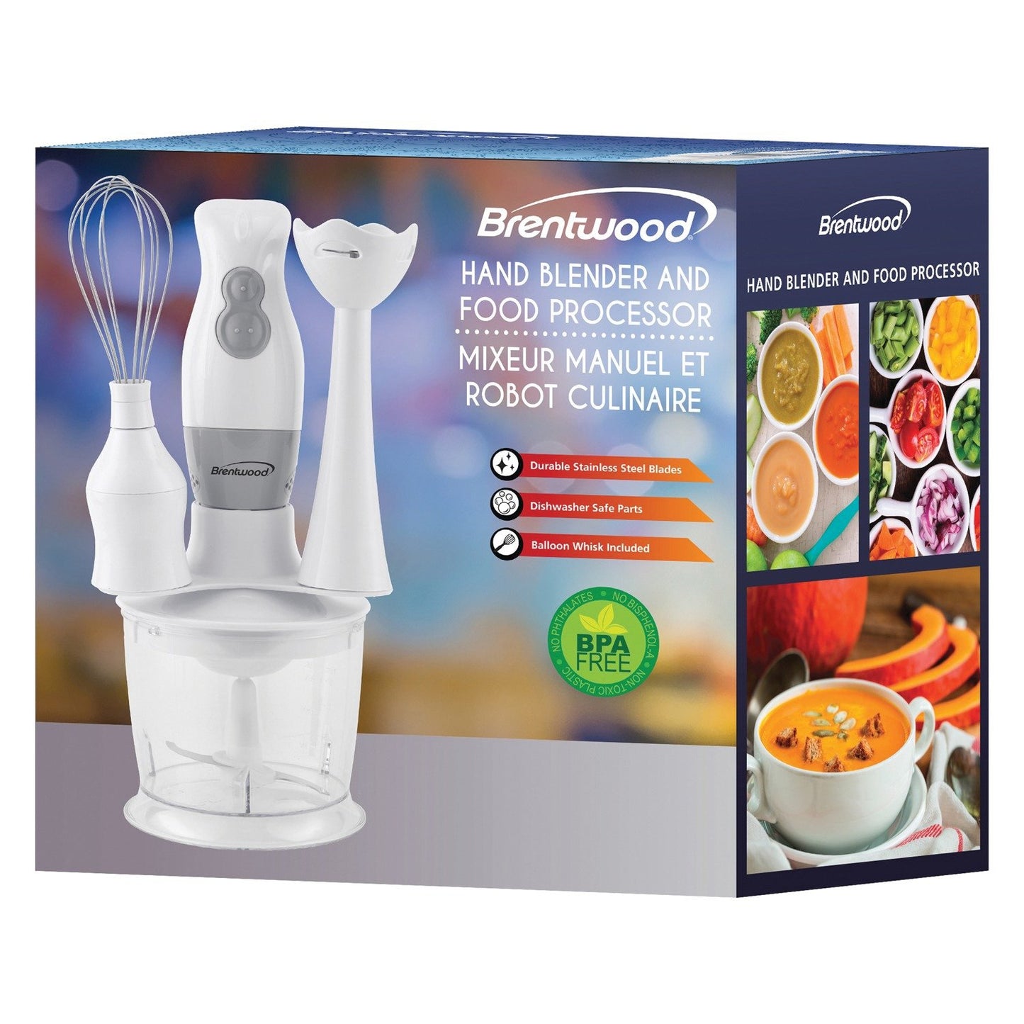 Brentwood App. HB-38W 2 Speed Hand Blender & Food Processor w/Whisk (White)