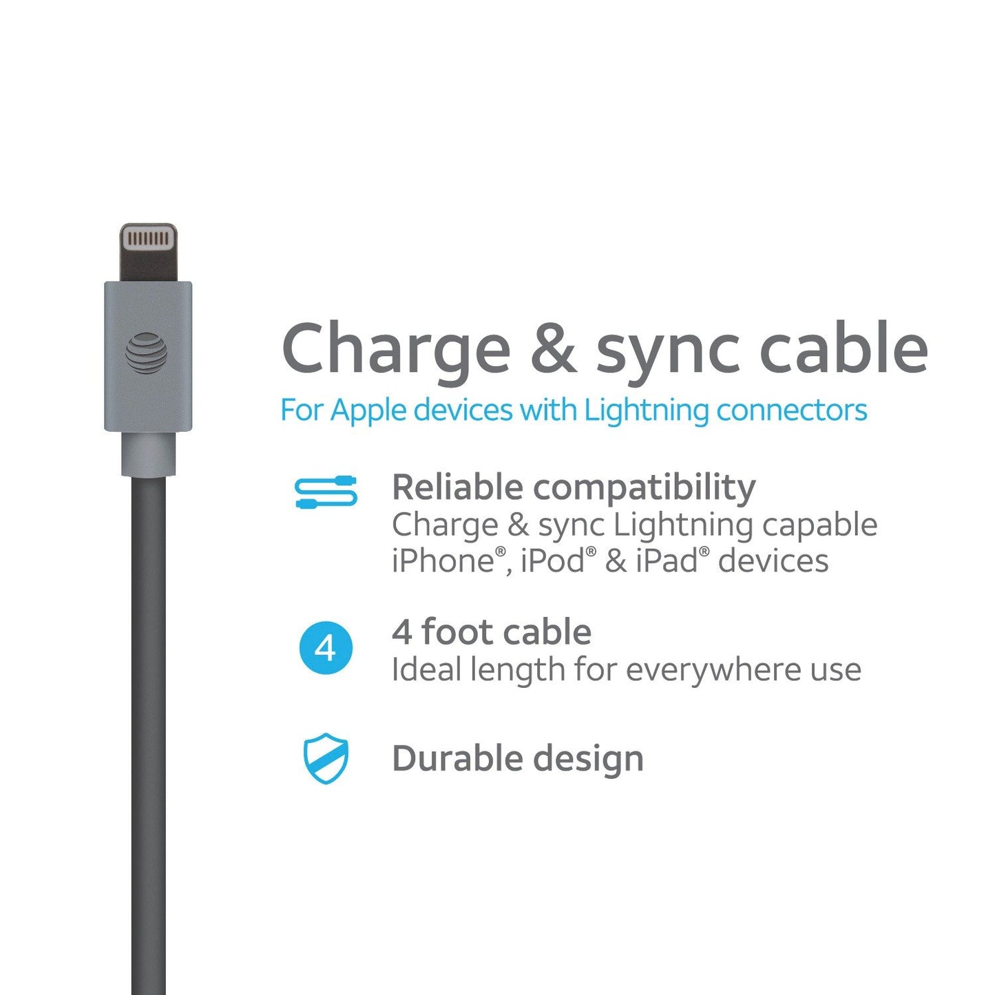 AT&T PVLC1-GRY 4-Foot PVC Charge and Sync Lightning Cable (Gray)