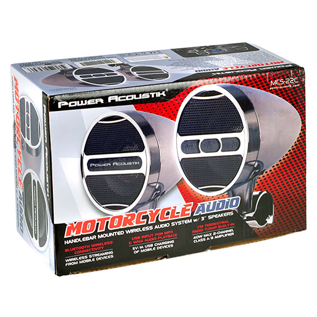 Power Acoustik MCS22C Motorcycle FM Tuner 3 BT Speaker System Chrome Finish