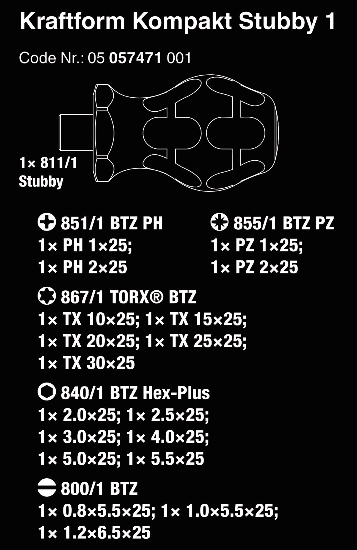 Wera 05057471001 Kompakt Stubby Bit Driver Set - 19 Piece Set