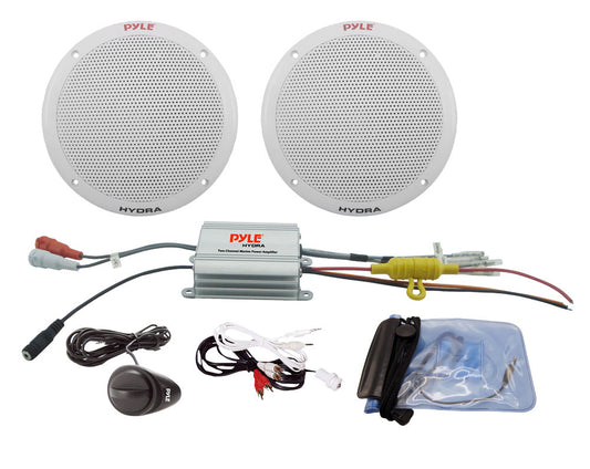 Pyle PLMRKT2A Marine 6.5" Speaker System 2CH Amp 400W Aux Phone Connector White