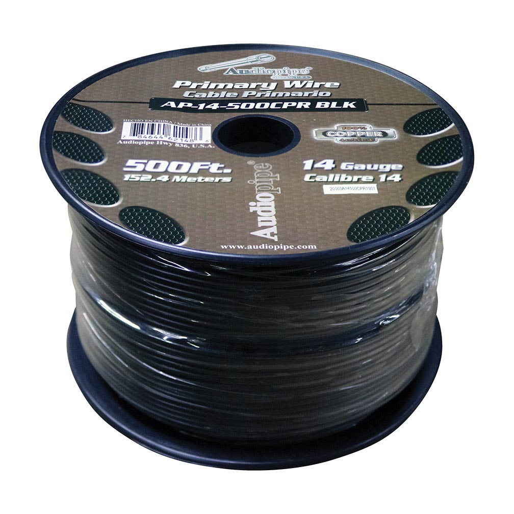 Audiopipe 14 Gauge 100% Copper Series Primary Wire - 500 Foot Roll - BLACK  Jacket