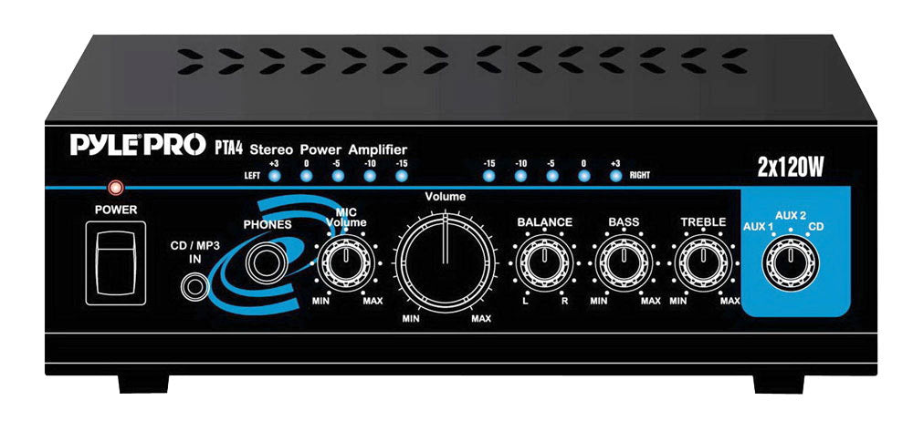Pyle PTA4 2 x120 Watt Mini Stereo Amplifier with AUX/CD Input