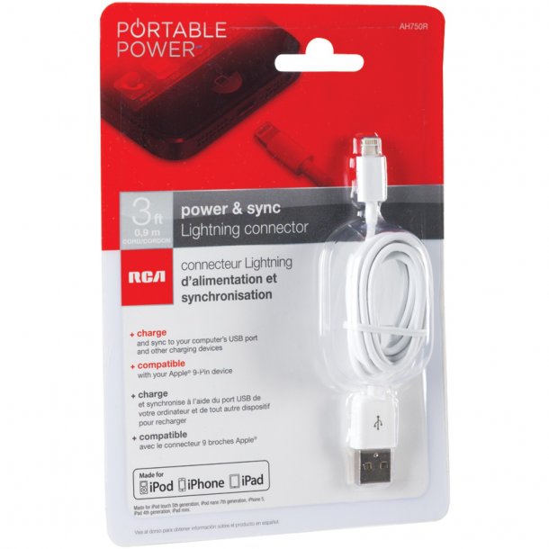 RCA AH750Z Charge & Sync USB Cable w/Lightning Connector, 3ft (White)