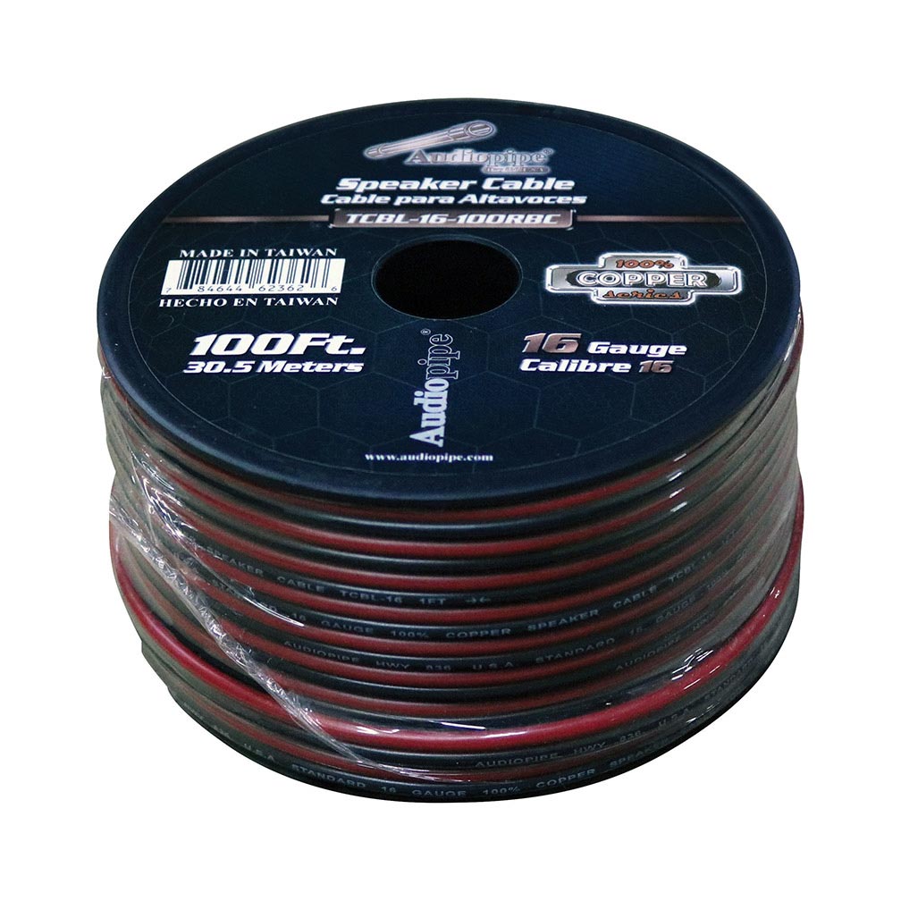 Audiopipe 16 Gauge 100% Copper Series Speaker Wire - 100 Foot Roll - RED/BLACK Jacket