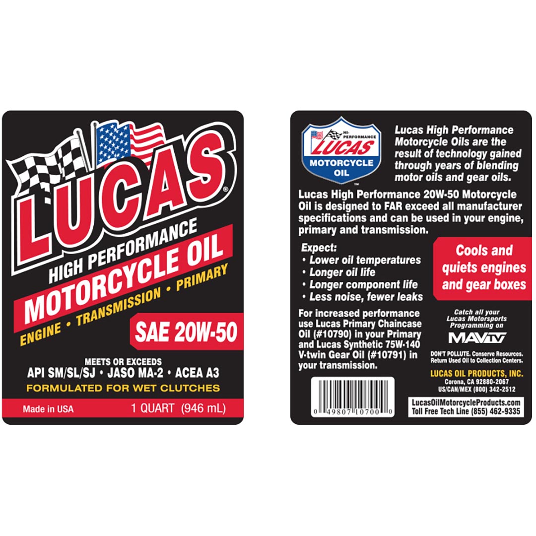 Lucas Oil 10700 SAE 20W-50 Motorcycle Oil 1 QT