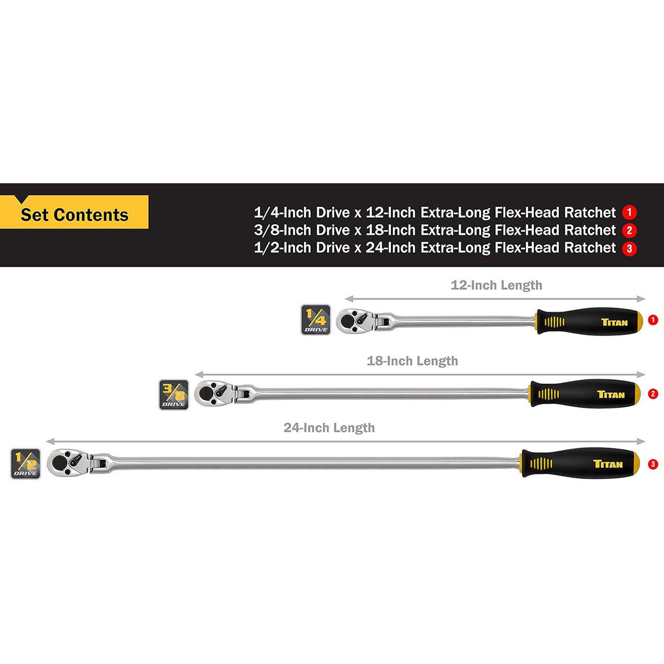 Titan Extra Long Flex Head Ratchet Set (3-Piece Set) 11303TITAN