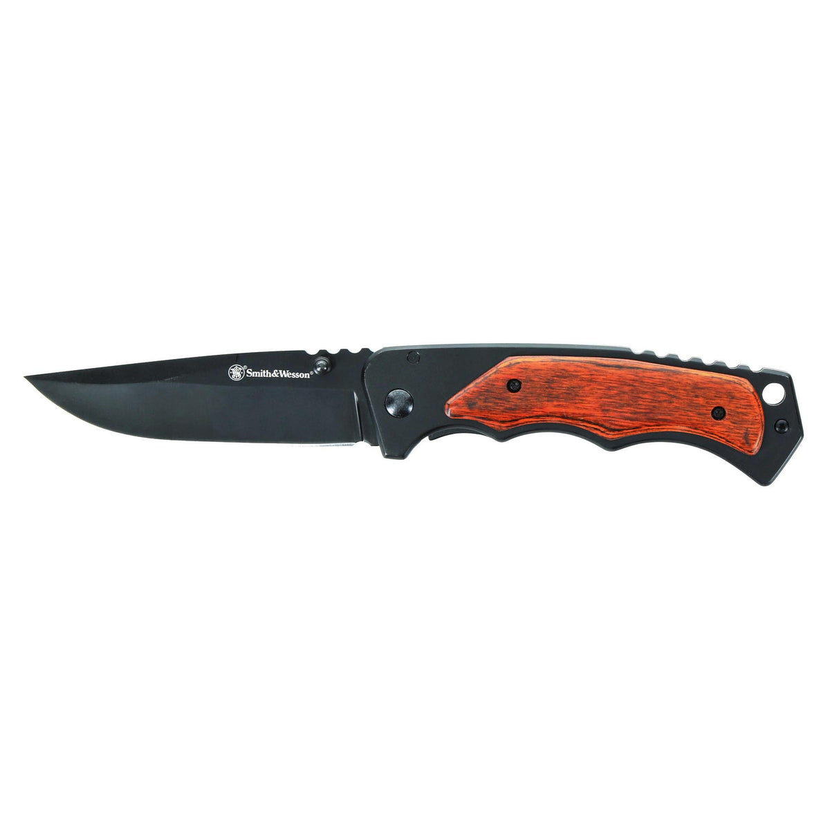 Smith & Wesson 3.7″ Folding Pocket Knife (Black with Wood Overlays) 1147091