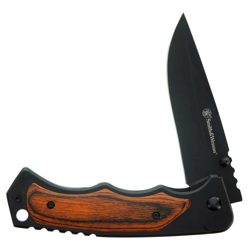 Smith & Wesson 3.7″ Folding Pocket Knife (Black with Wood Overlays) 1147091