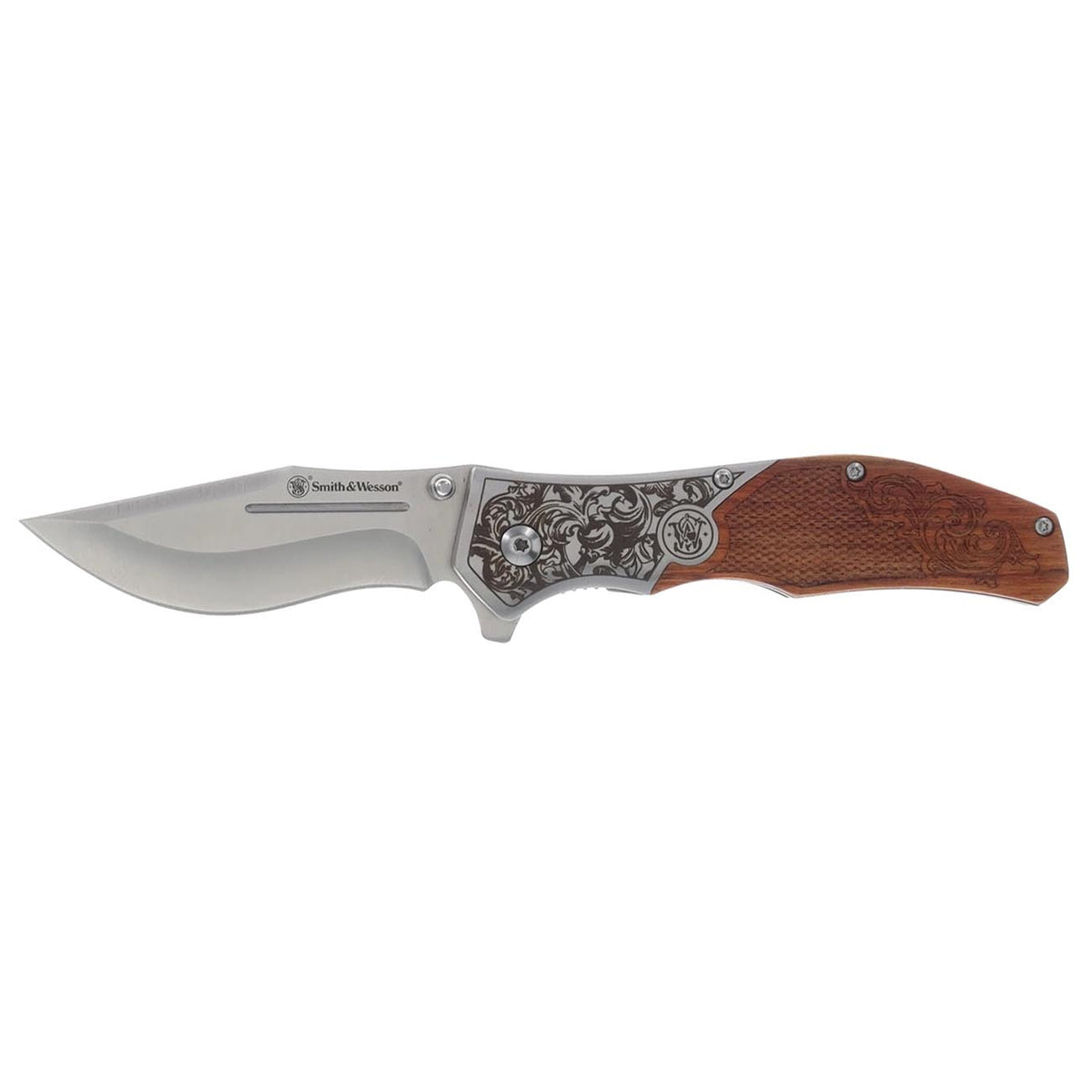 Smith & Wesson Recurved Assisted Open Pocket Knife with Engraved Rosewood Handle