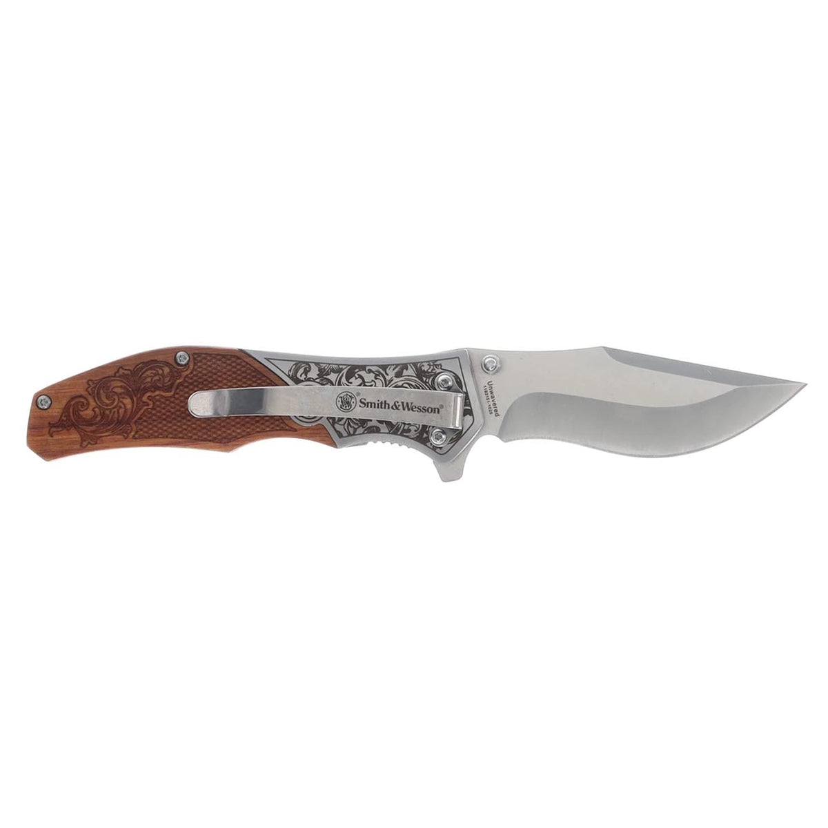 Smith & Wesson Recurved Assisted Open Pocket Knife with Engraved Rosewood Handle