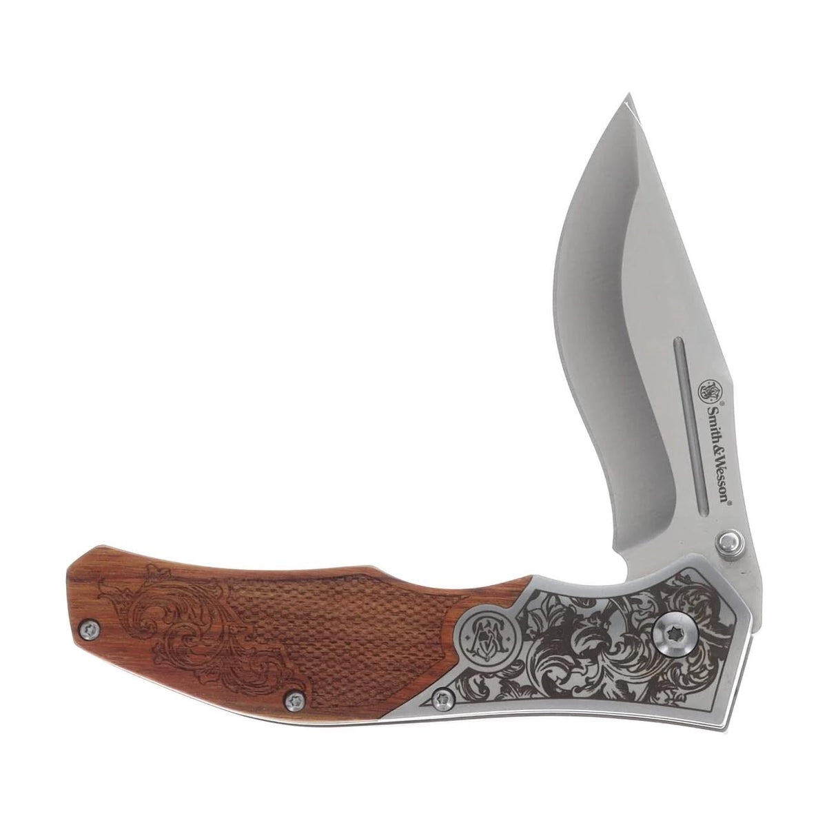 Smith & Wesson Recurved Assisted Open Pocket Knife with Engraved Rosewood Handle