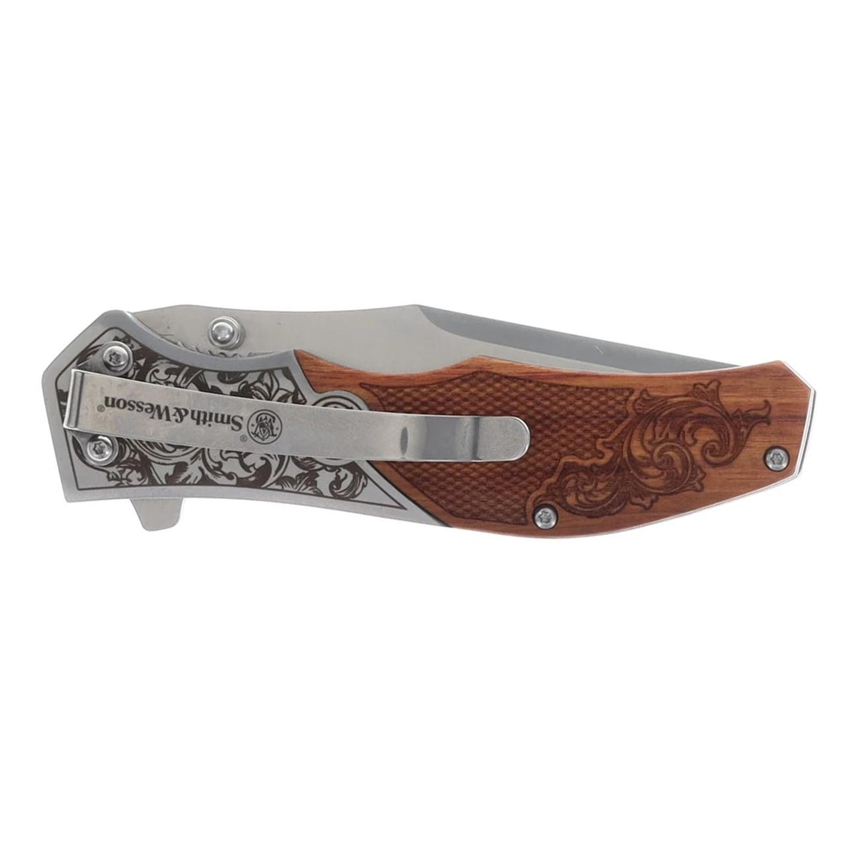 Smith & Wesson Recurved Assisted Open Pocket Knife with Engraved Rosewood Handle