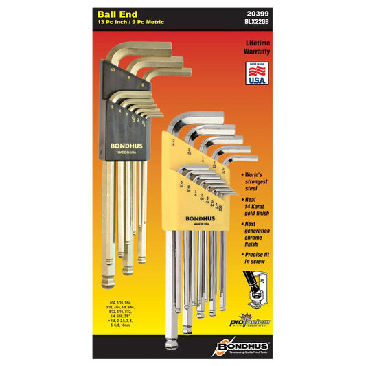 Bondhus Plated Balldriver Metric/SAE Ball End HEX L-Keys Double Set (22pc) 20399
