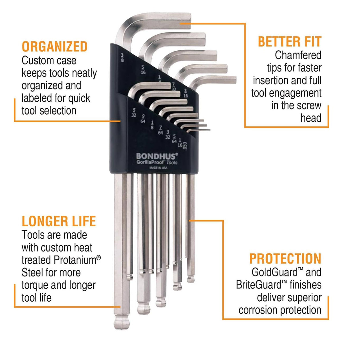 Bondhus Plated Balldriver Metric/SAE Ball End HEX L-Keys Double Set (22pc) 20399