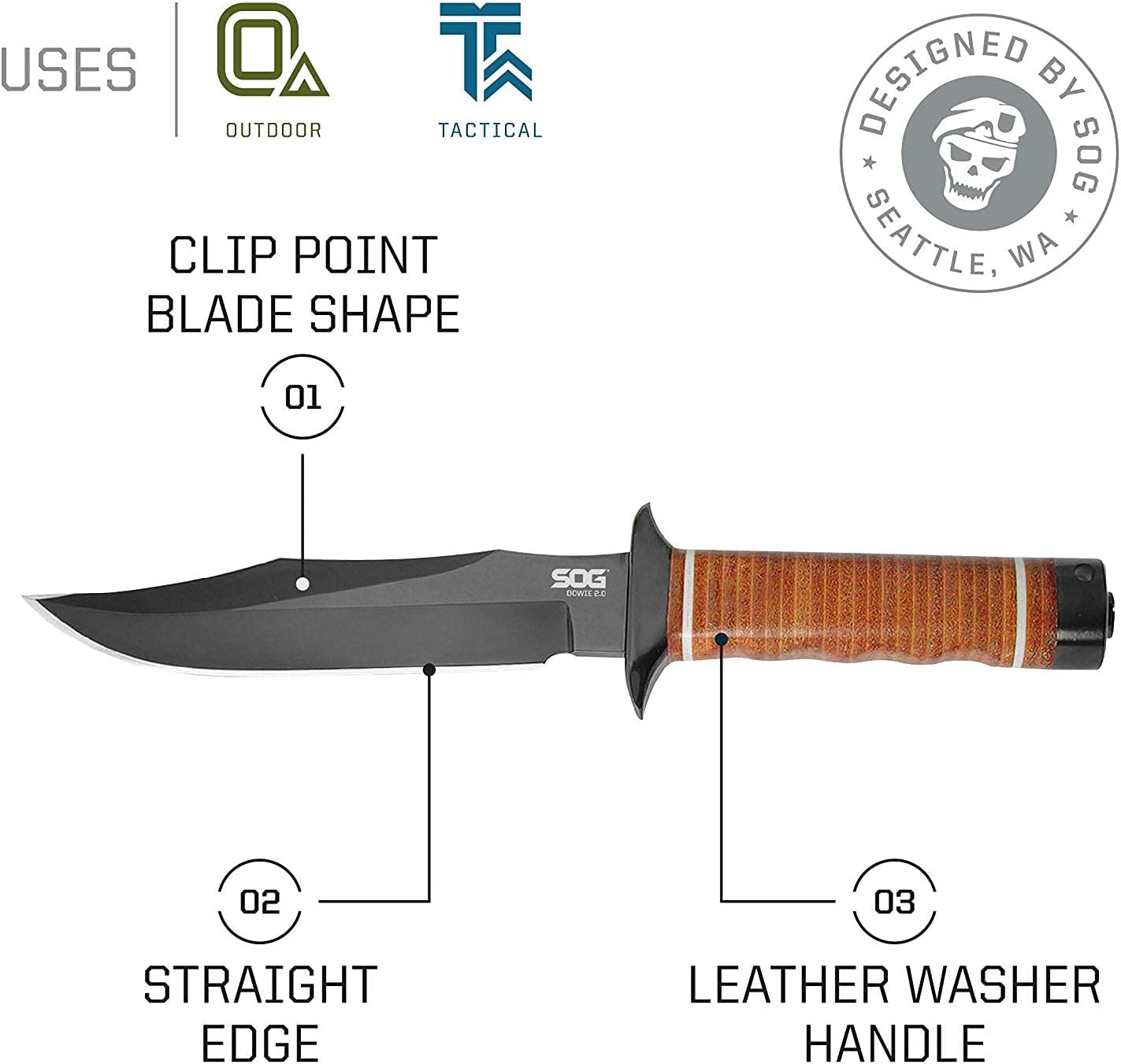 SOG Bowie 2.0 Fixed Blade Knife-Tactical Knife 6.4 Inch Blade Hard Case S1T-L