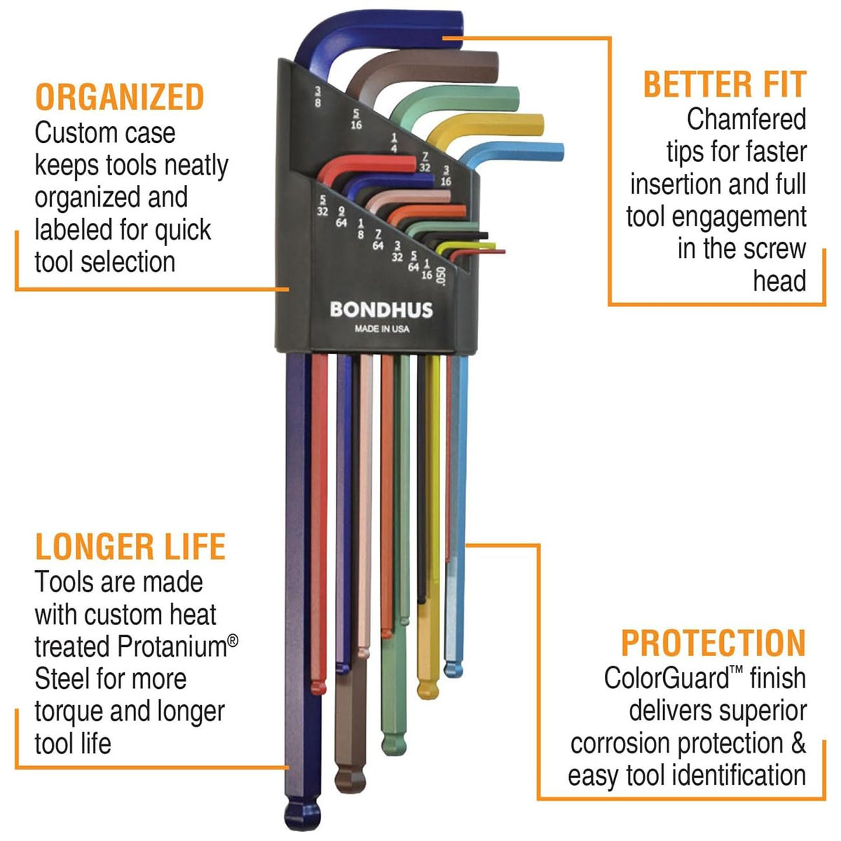 Bondhus ColorGuard Plated Balldriver Metric/SAE Ball End HEX L-Keys Double Set