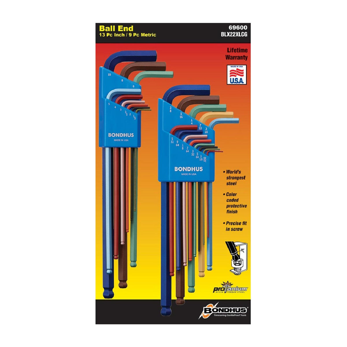 Bondhus ColorGuard Plated Balldriver Metric/SAE Ball End HEX L-Keys Double Set