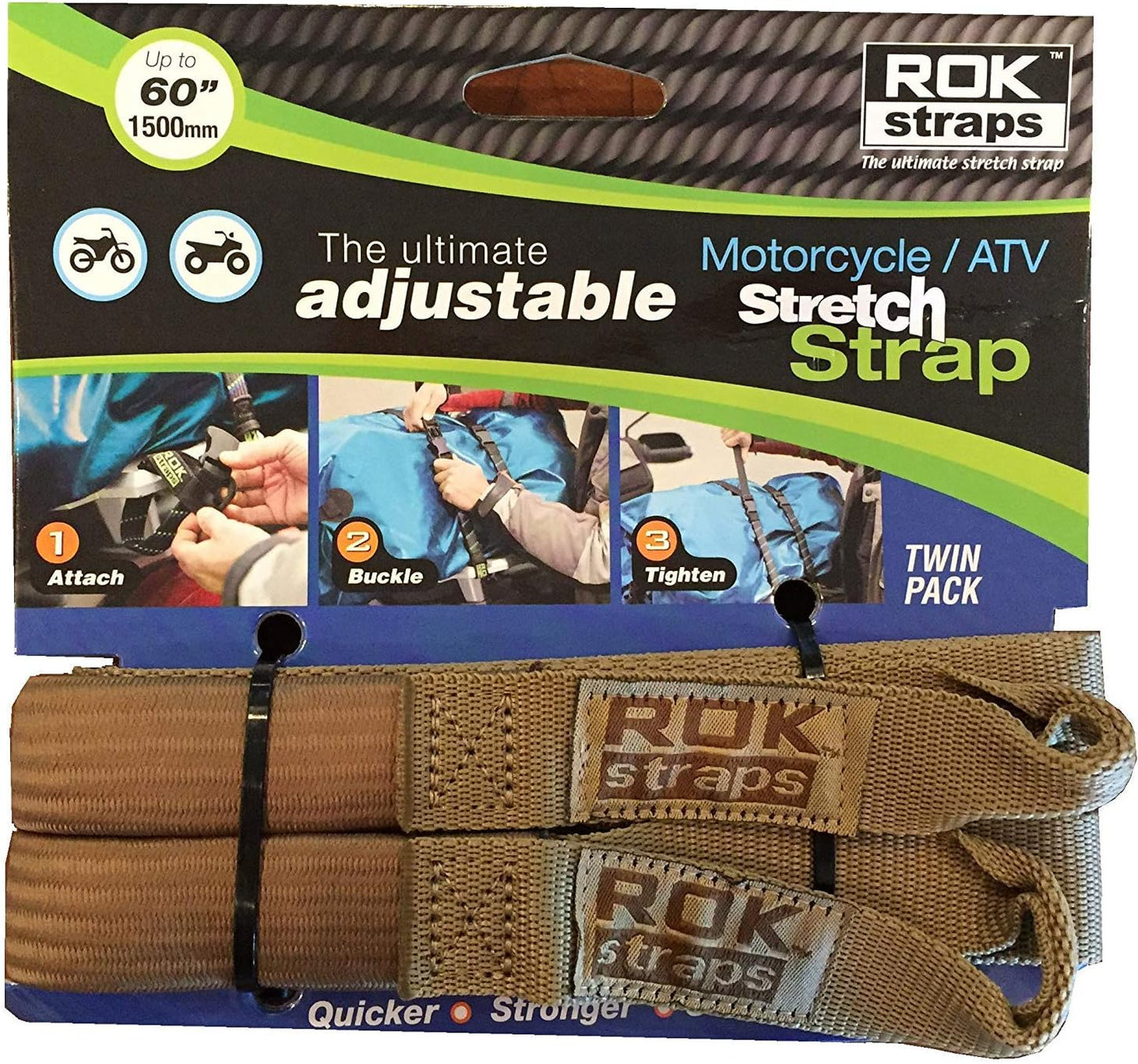 ROK Straps 10065 2-pk Tie-Downs 18”-60” Adjustable Motorcycle / ATV Stretch Strap (Coyote Tan)