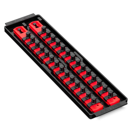 Ernst 2-Rail Twist Lock Socket Boss 13" Holds 28 Sockets for 3/8" Drive (Red)