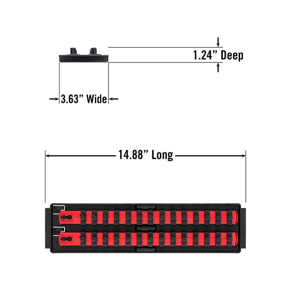 Ernst 2-Rail Twist Lock Socket Boss 13" Holds 28 Sockets for 3/8" Drive (Red)