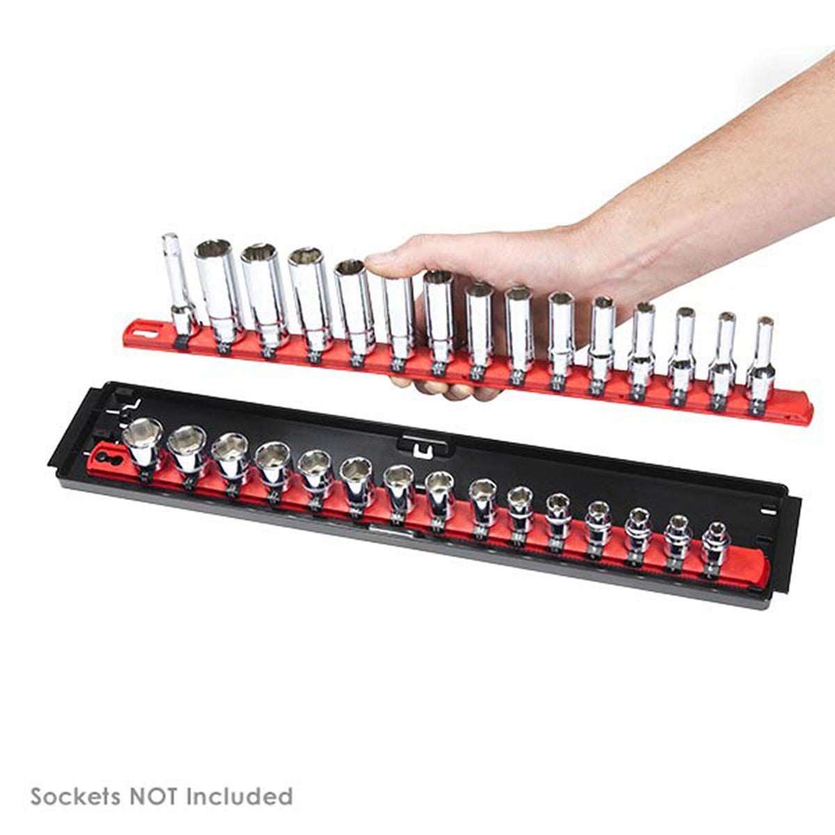 Ernst 2-Rail Twist Lock Socket Boss 13" Holds 28 Sockets for 3/8" Drive (Red)