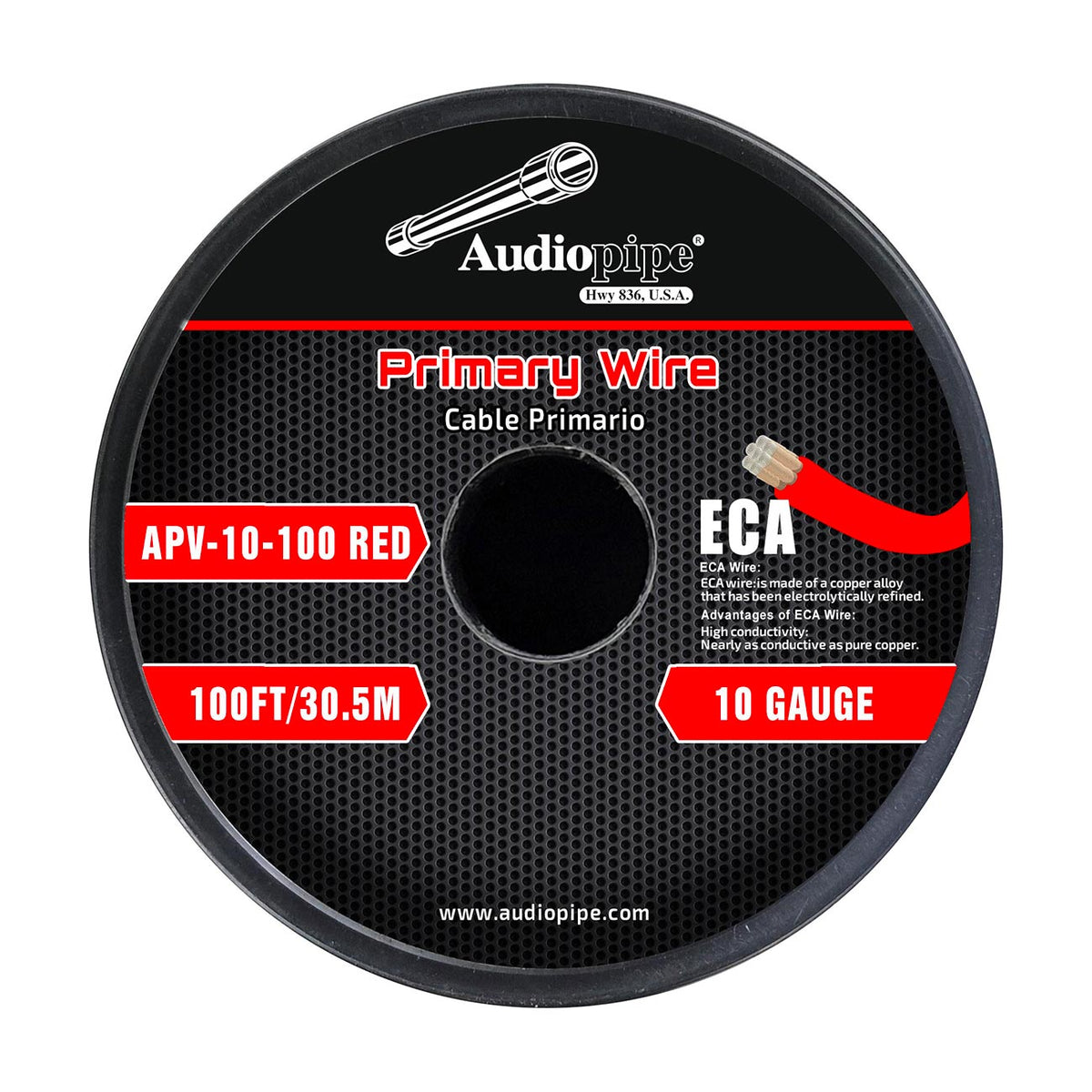 Audiopipe Flexible ECA Primary Cable 10 Gauge 100ft – Red APV10100RED